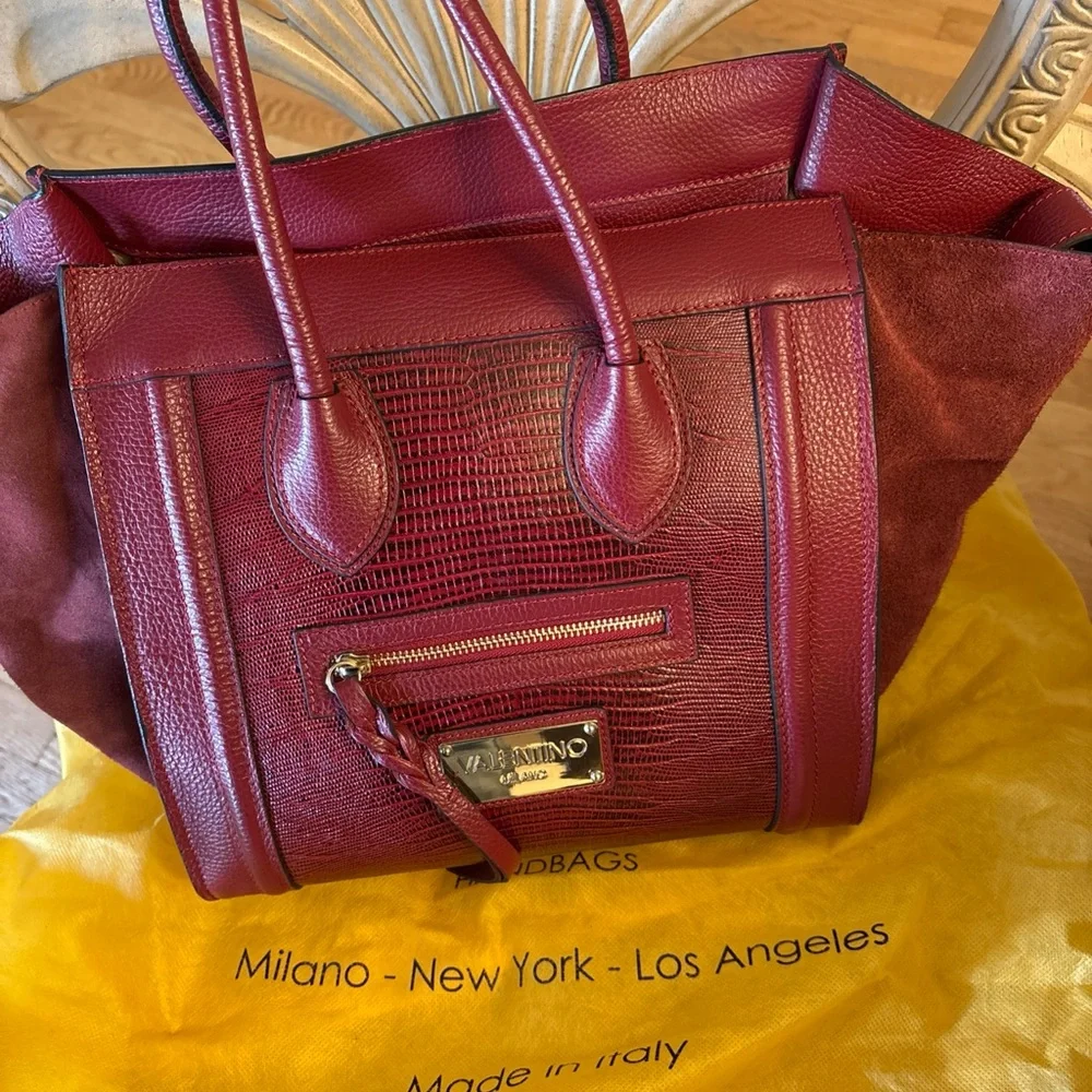 Authentic VALENTINO by Mario Milano Cynthia Red Leather Suede Trapeze Tote Bag